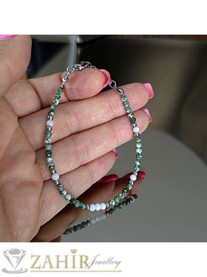 Мега яка гривна за ръка или глезен от естествен преливащ зелен яспис 3 мм топче и стоманени елементи, закопчалка и удължител - GA3120